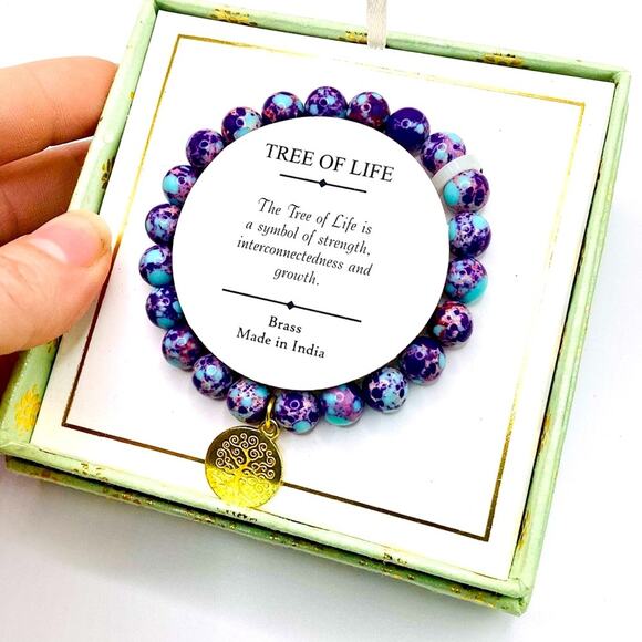 Shivam Tree of Life Purple Beaded Brass Bracelet - Picture 5 of 9